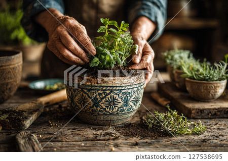 Herb Potting. Hands tending herbs in a patterned pot on a rustic wooden table. Herb Potting. Hands tending herbs in a patterned pot on a rustic wooden table. 127538695