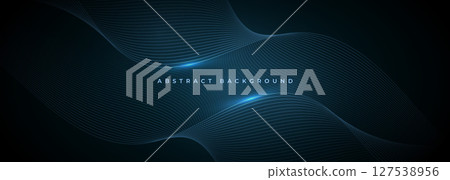 Abstract dark blue wide vector background with glowing blue wavy lines 127538956