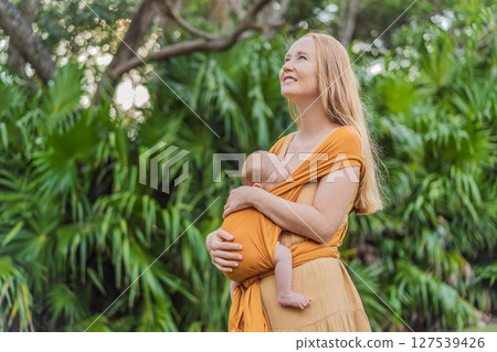 Mother holding her little baby in a yellow sling in the park. Warm and loving family moment. Babywearing, parenting, and mother-child bonding concept 127539426