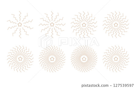 Helix round sunburst, explosion icons with star. Spiral abstract circle geometric shapes. Vector illustrations set. Helix round sunburst, explosion icons with star. Spiral abstract circle geometric shapes. Vector illustrations set. 127539597