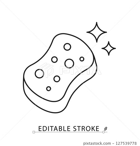 Sponge icon in minimal linear style with editable stroke. Symbol of cleaning, hygiene, sanitation, household chores, scrubbing, disinfection and home maintenance visuals. Cleaning, hygiene. 127539778