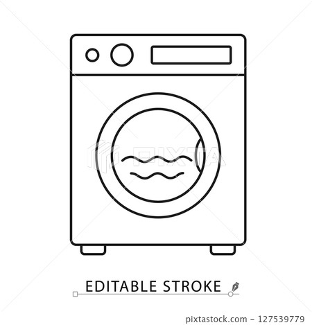 Washing machine icon in minimal linear style with editable stroke. Symbol of laundry, washing, domestic appliances, clothes cleaning, home chores and hygiene visuals. Laundry, appliance. 127539779
