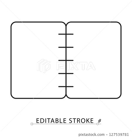Sketchbook icon in minimal line style with editable stroke. Open spiral notebook, blank drawing book, creative element for art visuals, illustration design, note keeping and planning concept. 127539781