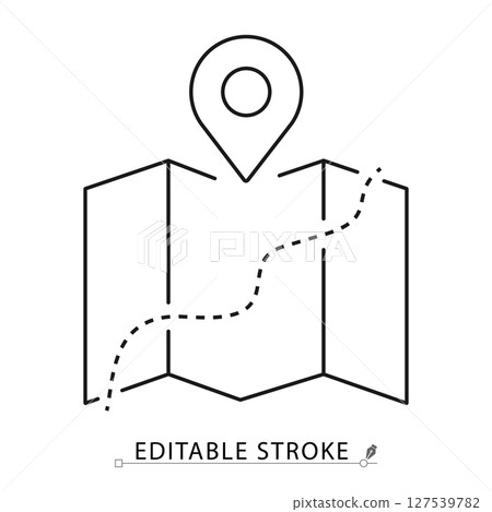 Map with route icon in minimal line style with editable stroke. Navigation element, travel symbol, folded paper map with location pin for journey planning, GPS visuals, trip design. 127539782