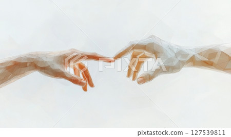 Two artistic hands reaching for touch in modern polygonal design 127539811