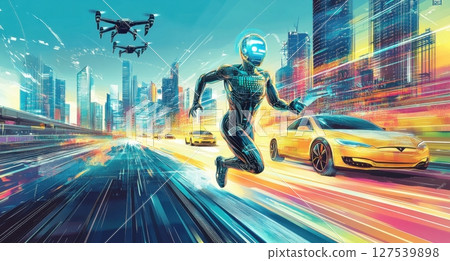 Futuristic cybernetic humanoid running through a vibrant cityscape with advanced technology 127539898