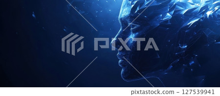 Futuristic Low Poly Digital Face Design with Blue Lighting Effects Futuristic Low Poly Digital Face Design with Blue Lighting Effects 127539941
