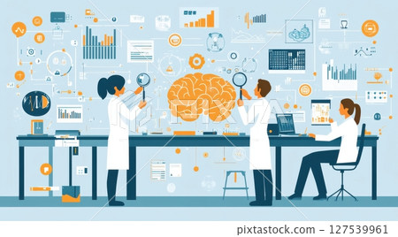 Scientists Collaborating on Brain Research in a Digital Science Laboratory 127539961