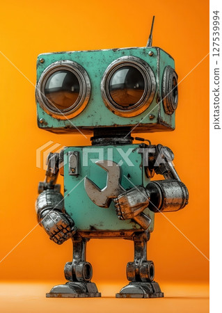 Mechanical robot with oversized eyes and a wrench in vibrant setting Mechanical robot with oversized eyes and a wrench in vibrant setting 127539994