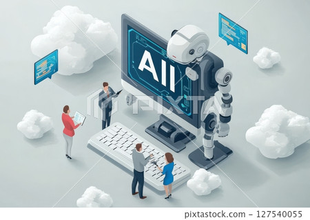 Futuristic AI robot interacting with business people in a cloud computing setting Futuristic AI robot interacting with business people in a cloud computing setting 127540055