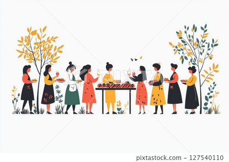 A group of friends sharing food and drinks outdoors in a colorful setting A group of friends sharing food and drinks outdoors in a colorful setting 127540110