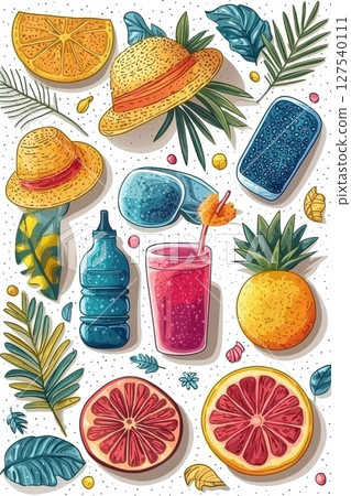 Colorful summer-themed clipart set with tropical items and vibrant illustrations 127540111