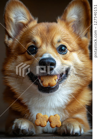 Close-up of a joyful corgi with treats balancing on its paws 127540151