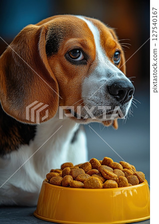 Beagle Posing Next to a Full Bowl of Kibble in Vibrant Lighting 127540167