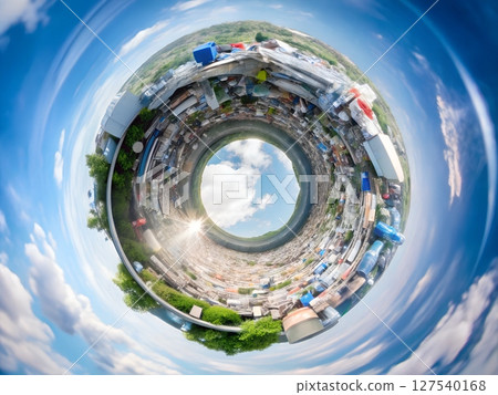 Circular Panorama of a Waste Dump Site Surrounded by Greenery and Blue Sky  127540168