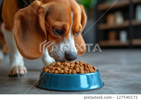Beagle dog enjoying dry food from a blue bowl indoors 127540172