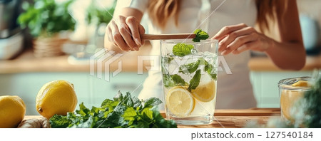 Fresh lemonade preparation with mint and lemons in a bright kitchen 127540184