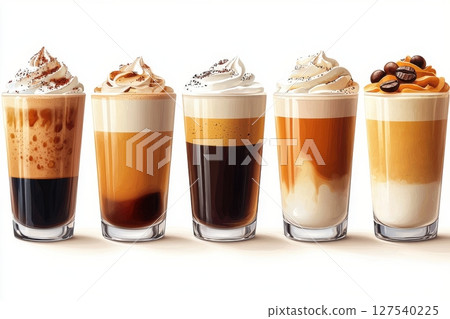 A variety of delicious coffee drinks topped with whipped cream 127540225
