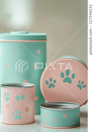 Pastel-themed pet food cans with decorative paw patterns on a light background 127540232