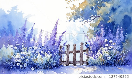 A serene garden with blooming flowers and a wooden fence depicted in a lovely watercolor painting 127540233