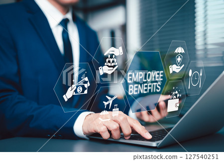 Employee Benefits and Compensation Strategy Concept. Icons representing employee benefits, including healthcare, insurance, vacation, financial perks, workplace incentives, and compensation strategy. 127540251