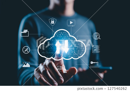 Cloud Storage and Data Transfer Technology Concept. A person touching glowing cloud icon with upload and download arrows, icons file sharing, backup, cybersecurity, password, and cloud data services. 127540262