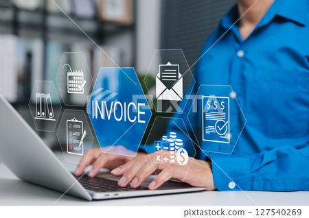 E-Invoice and Online Billing Management Concept. A person working on laptop with digital invoice icons, calendar, checklist, money, statement, document represents e-invoicing and financial workflow. 127540269