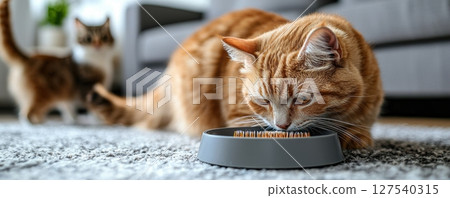 Ginger cat eating from a gray bowl with another cat in the background 127540315