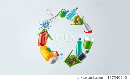 Minimalist Recycling Symbol with Eco-Friendly Products on White Background 127540340