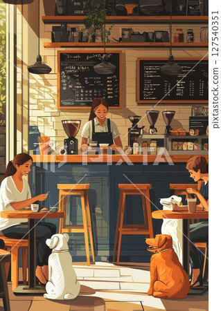 A cozy coffee shop with people and dogs enjoying their time A cozy coffee shop with people and dogs enjoying their time 127540351