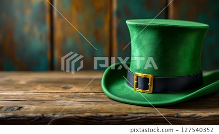 A Stylish Green Leprechaun Hat Positioned on a Rustic Wooden Table, Perfect for Celebrations A Stylish Green Leprechaun Hat Positioned on a Rustic Wooden Table, Perfect for Celebrations 127540352