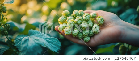Close-up of hand holding fresh green hops in a sunny outdoor field 127540407