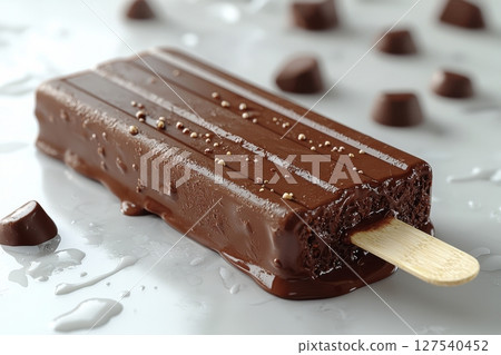 Chocolate ice cream bar on a stick with sprinkles and pieces on table 127540452