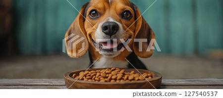 Happy beagle with food bowl ready for a meal Happy beagle with food bowl ready for a meal 127540537