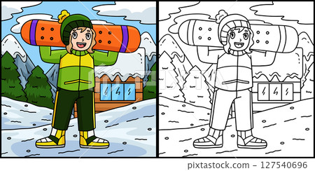 Snowboarding Girl with a Snowboard Illustration  127540696