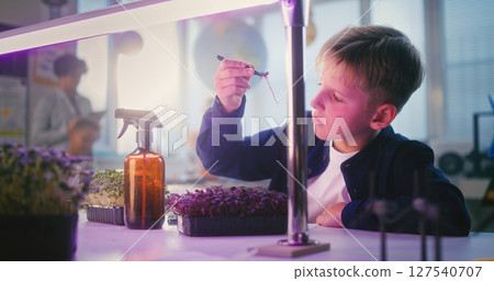 Talented Young Boy Conducting Biology Experiment on Microgreen Plants, Using Tweezer Talented Young Boy Conducting Biology Experiment on Microgreen Plants, Using Tweezer 127540707
