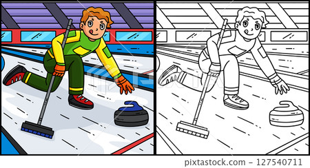 Curling Male Skip Delivering Stone Illustration  127540711