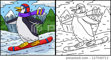 Snowboarding Penguin Coloring Page Illustration  127540713