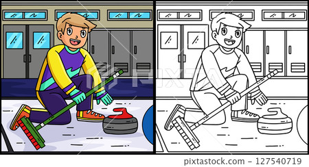 Curling Male Athlete with Stone Illustration  127540719