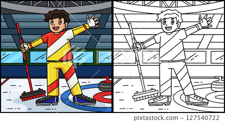 Curling Male Athlete with Broom Illustration  127540722