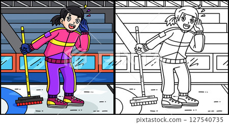 Curling Female Skip Shouting Coloring Illustration Curling Female Skip Shouting Coloring Illustration 127540735