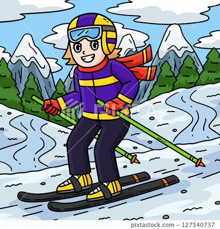Skiing Girl Colored Cartoon Illustration  127540737