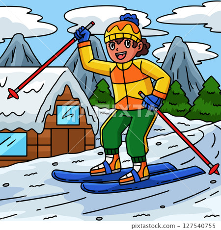 Skiing Girl Raising a Ski Pole Colored Cartoon  127540755