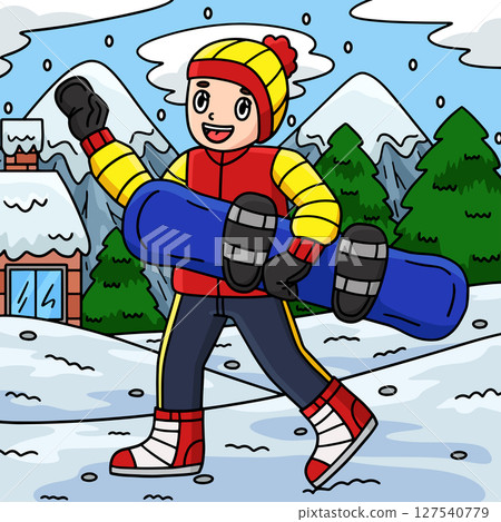 Snowboarding Boy Carrying Snowboard Colored Snowboarding Boy Carrying Snowboard Colored 127540779