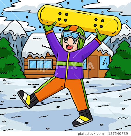 Snowboarding Boy Raising Snowboard Colored Cartoon Snowboarding Boy Raising Snowboard Colored Cartoon 127540789