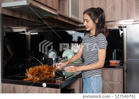 housewife cleans the house and washes the dishes at the sink. Cleaning home concept 127540791