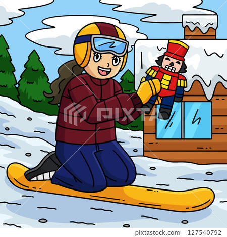 Snowboarding Girl with a Toy Colored Cartoon  127540792