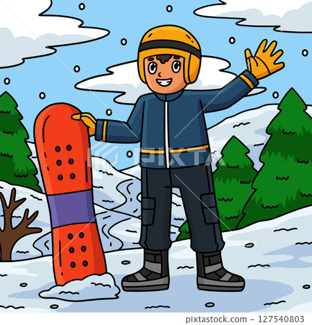 Snowboarding Boy Holding Snowboard Colored Cartoon Snowboarding Boy Holding Snowboard Colored Cartoon 127540803
