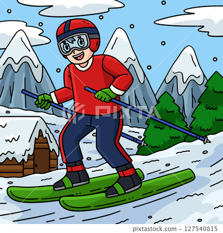 Skiing Boy Colored Cartoon Illustration Skiing Boy Colored Cartoon Illustration 127540815