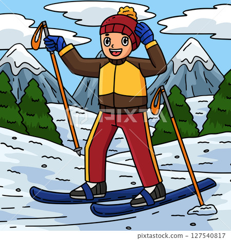 Skiing Boy Fixing Bonnet Colored Cartoon Skiing Boy Fixing Bonnet Colored Cartoon 127540817